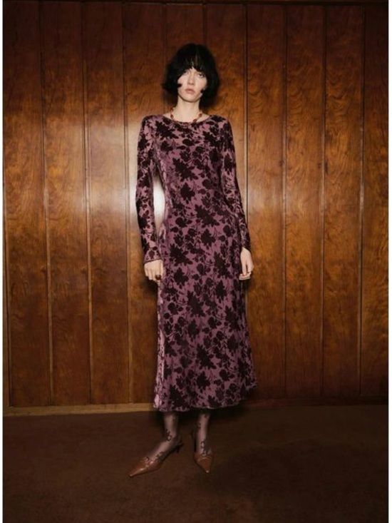 Mango Dresses & Skirts - Velvet Burn Out Midi Dress Burgundy Floral Sheer Whimsigoth Dark Feminine Size M